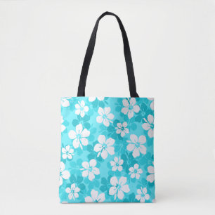 Tote Bag Motif de fleurs tropicales bleu et blanc Hibiscus