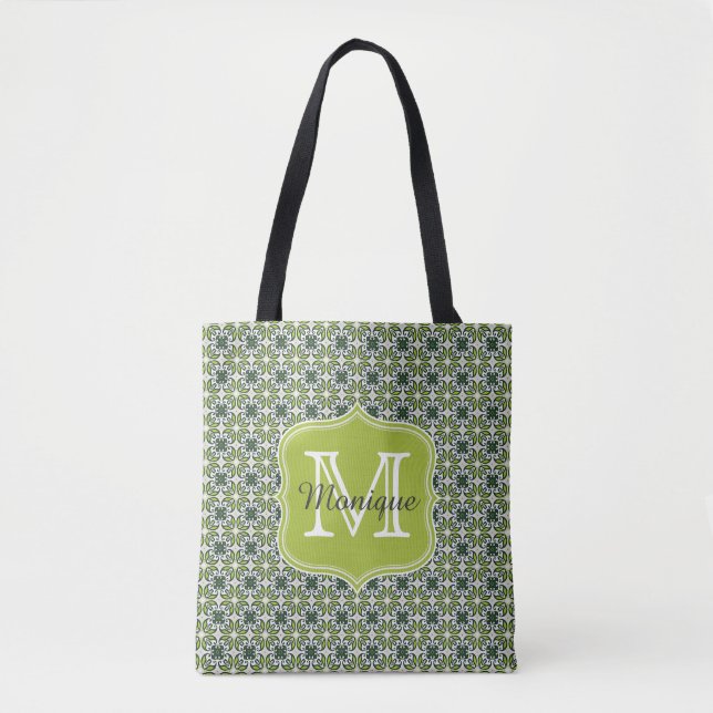 Tote Bag Motif de fleurs vertes de monogramme (Devant)