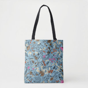 Tote Bag motif de fleurs vintage, arrière - plan bleu.