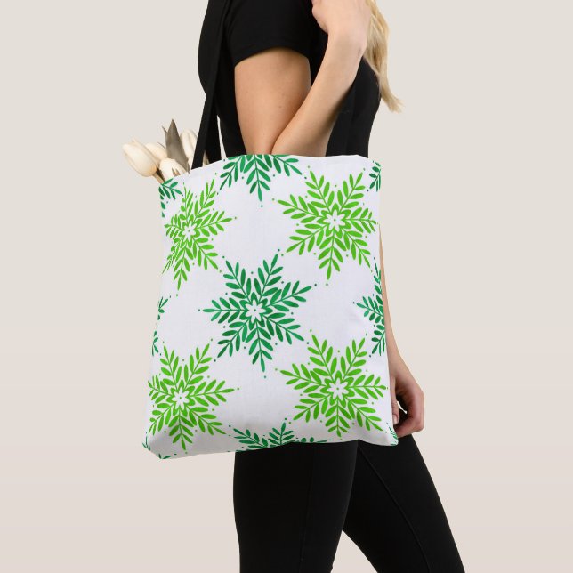 Tote Bag Motif de flocon de neige à l'aquarelle verte   (De près)