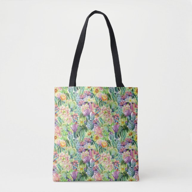 Tote Bag Motif de floraison exotique de cactus d'aquarelle (Devant)