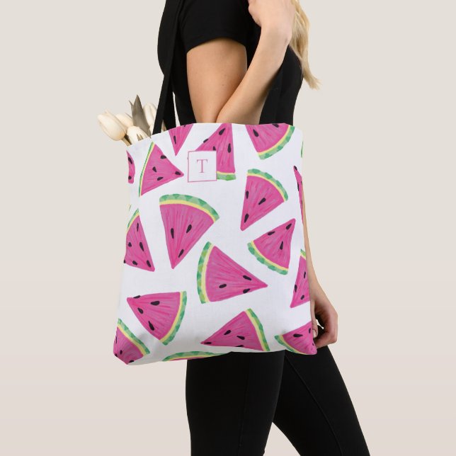 Tote Bag Motif de fruit pastèque monogramme (De près)