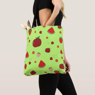 Tote Bag Motif de fruits rouges Kawaii sur fond vert citron