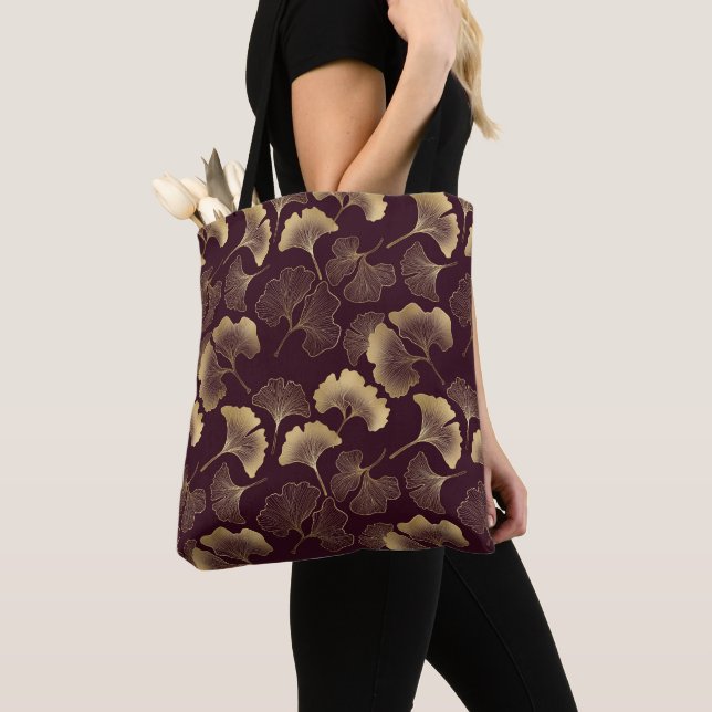 Tote Bag Motif de Ginkgo Bourgogne et or (De près)