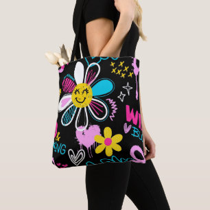 Tote Bag Motif de graffiti de fleur smiley coloré