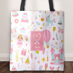 Tote Bag Motif de la soirée Unicorn rose Monogrammed Girls<br><div class="desc">Ajoutez une petite touche personnalisée à la chambre ou à la crèche de votre petite fille avec cet adorable sac fourre-tout de shopping motif rose. Sac fourre-tout a des objets de girly amusants comme une licorne, montgolfière, poupée, ballon, gâteau et cupcake. Ajoutez un prénom, un monogramme initial et un coeur...</div>