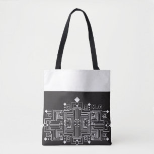 Tote Bag Motif de labyrinthe noir et blanc monogrammé