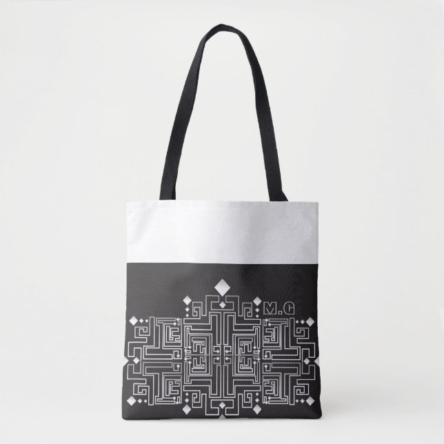 Tote Bag Motif de labyrinthe noir et blanc monogrammé (Devant)