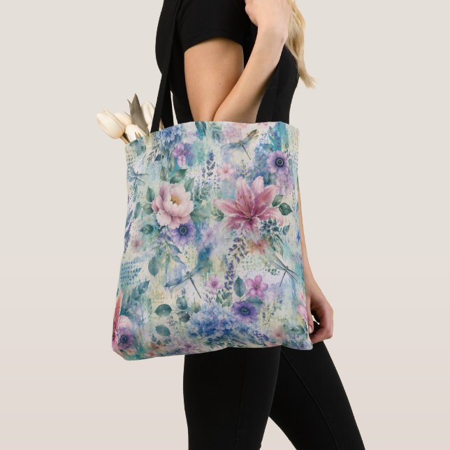 Tote Bag Motif de libellule florale à l'aquarelle (De près)