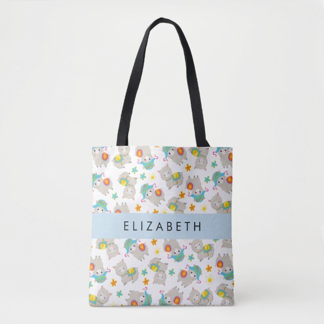 Tote Bag Motif De Llamas, Alpacas, Fleurs, Votre Nom (Devant)