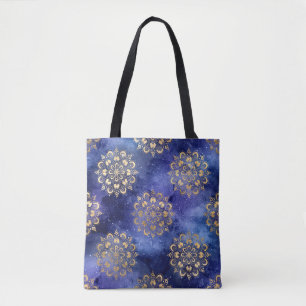 Tote Bag Motif de mandala Dharma de galaxie or et bleu