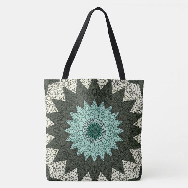 Tote Bag Motif de mandala géométrique sarcelle et vert (Devant)