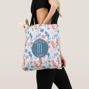 Tote Bag Motif de monogramme marin bleu corail