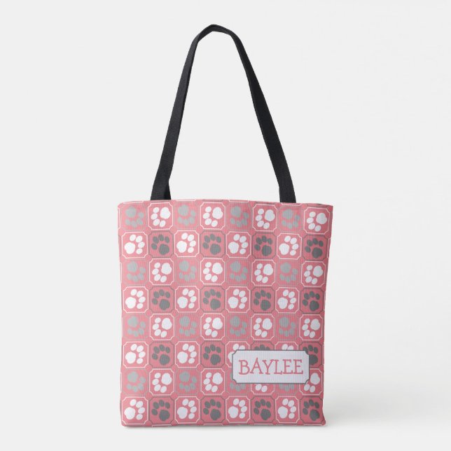 Tote Bag Motif de mosaïque Empreinte de patte rose avec nom (Dos)