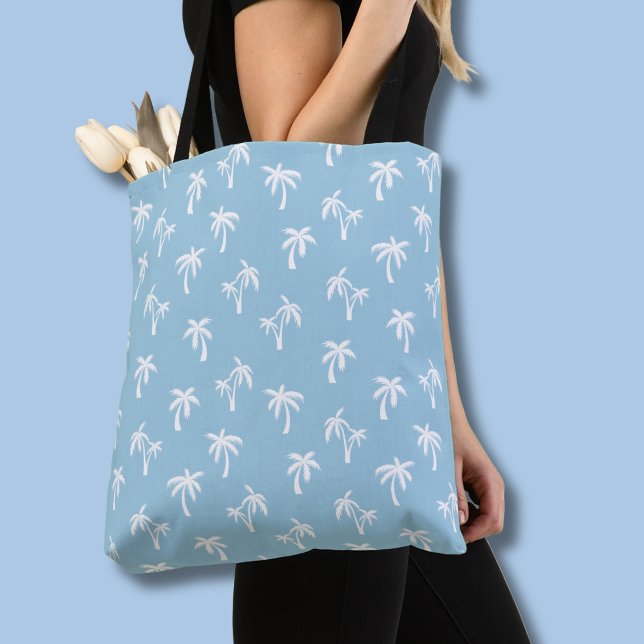 Tote Bag Motif de palmier tropical bébé bleu (Light blue & white palm tree tote bag)