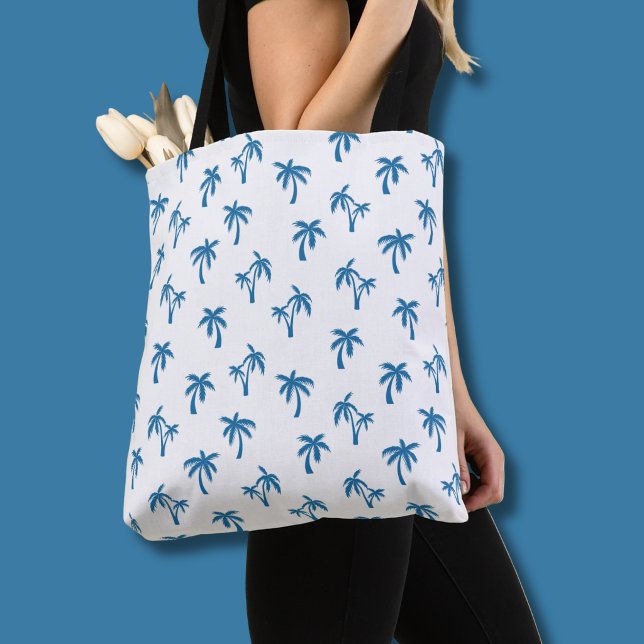 Tote Bag Motif de palmier tropical bleu (White/Blue palm tree tote bag)