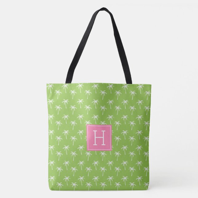 Tote Bag Motif de palmiers monogrammes verts (Devant)