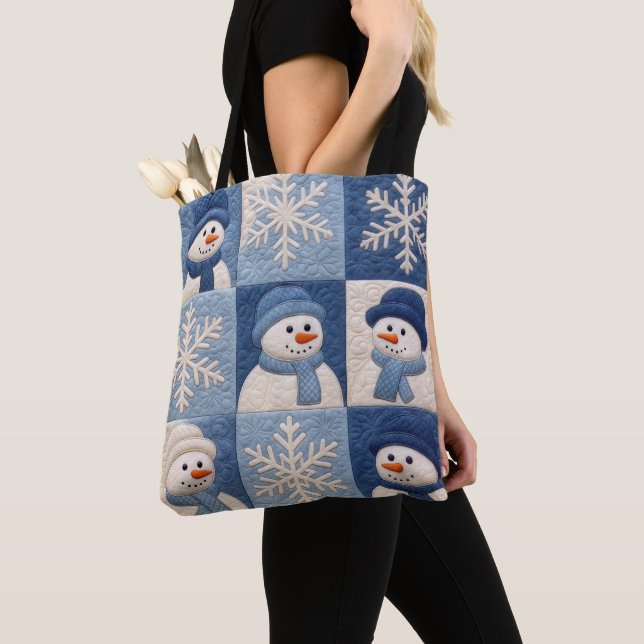 Tote Bag Motif de patchwork de bonhommes de neige et de flo (De près)
