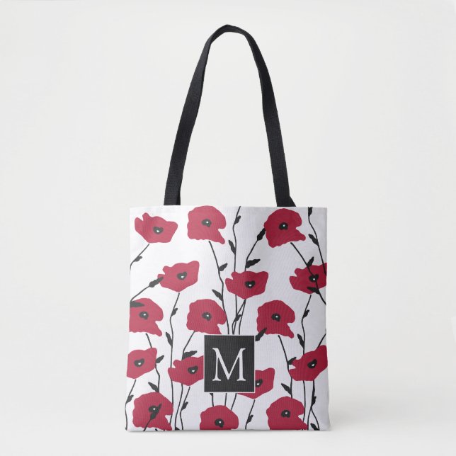 Tote Bag Motif de pavots à monogramme moderne  (Devant)