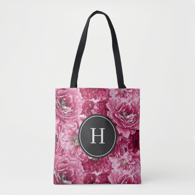 Tote Bag Motif de pivoines botaniques roses Monogramme de d (Devant)