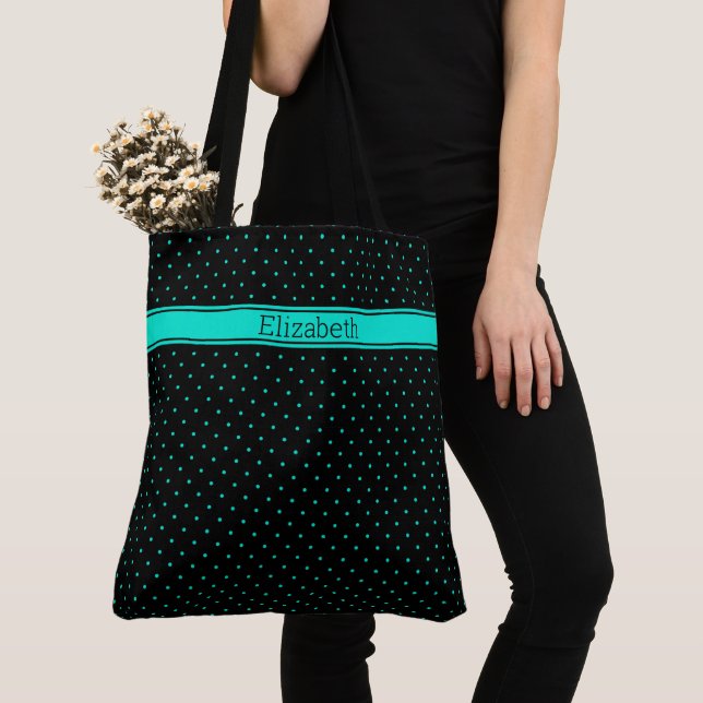 Tote Bag Motif de point Polka turquoise sur le texte de nom (De près)