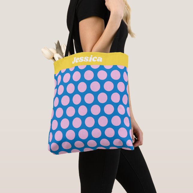 Tote Bag Motif de points Big Polka bleu et rose Personnalis (De près)