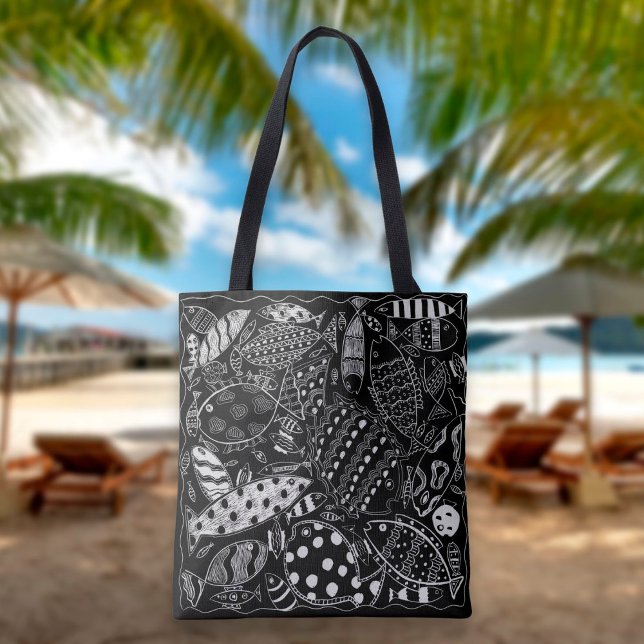 Tote Bag Motif De Poisson Décoratif Boho Noir Et Blanc (Créateur téléchargé)