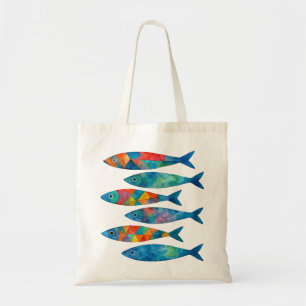 Tote Bag Motif de poissons géométriques aquarelle colorés d