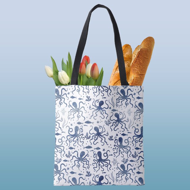 Tote Bag Motif de poulpe sous-marin à l'aquarelle bleue côt (Modern blue and white nautical coastal aesthetic octopus art tote bag)