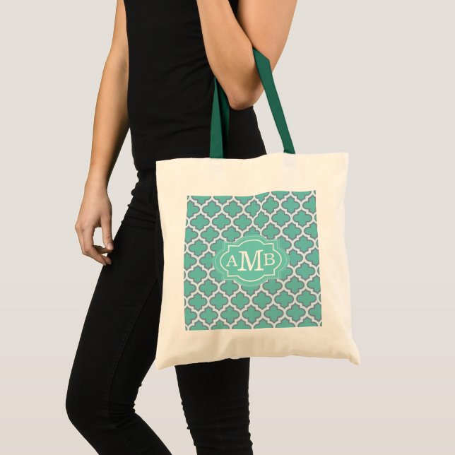 Tote Bag Motif de quatrefeuilles sarcelle élégant Monogramm (Devant (produit))