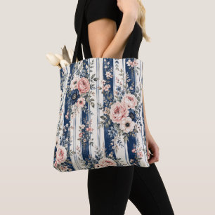 Tote Bag Motif de rayure florale marine à l'aquarelle