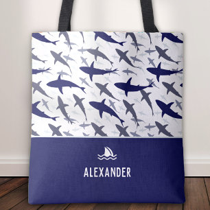 Tote Bag Motif de requin bleu et blanc avec nom Boy