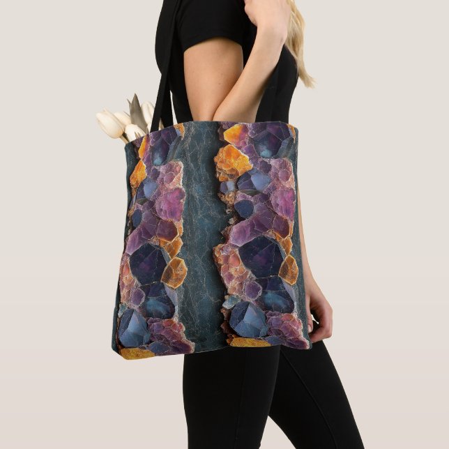 Tote Bag Motif de roche violet, bleu et ambre (De près)