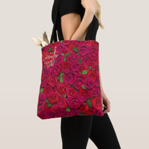 Tote Bag Motif de rose rouge profond Je t'aime avec nom per