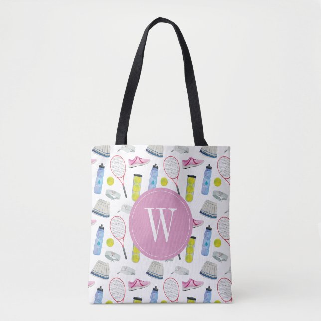 Tote Bag Motif de tennis rose aquarelle Monogramme (Devant)