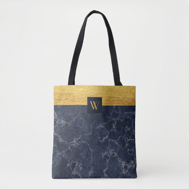Tote Bag Motif de texture bleu et marbre de faux or avec mo (Devant)