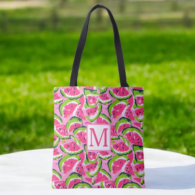 Tote Bag Motif de tranches de pastèque Monogramme Rose (Créateur téléchargé)