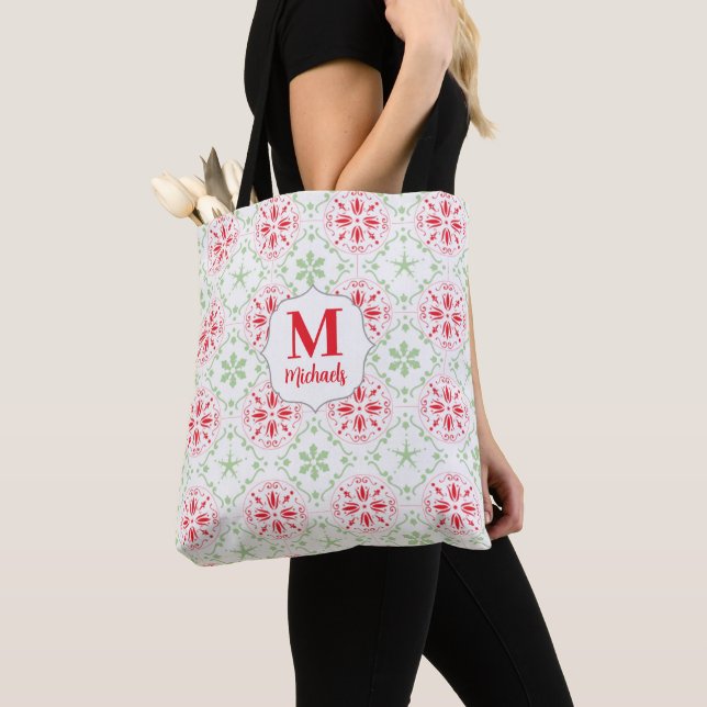 Tote Bag Motif de vacances de monogramme rouge vert de Noël (De près)