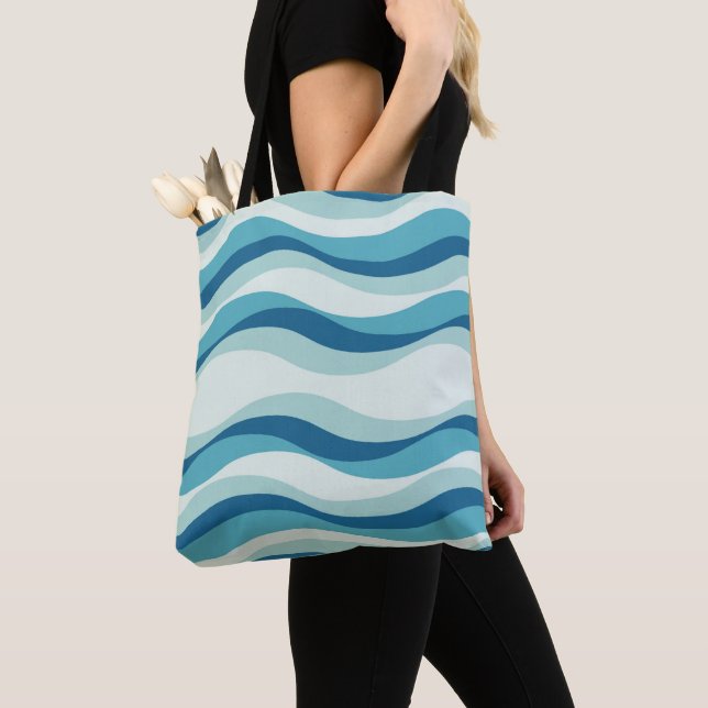 Tote Bag Motif de vagues nuances de bleu (De près)