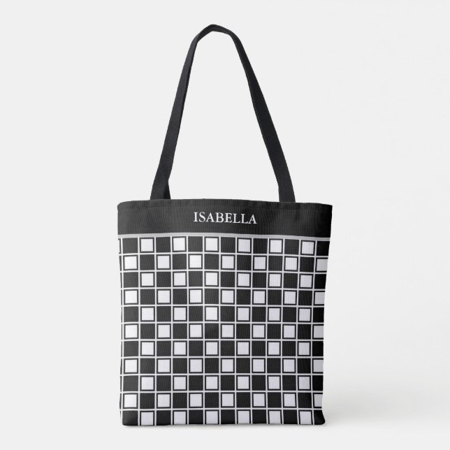Tote Bag Motif d'échecs noir blanc chic et calligraphie (Dos)