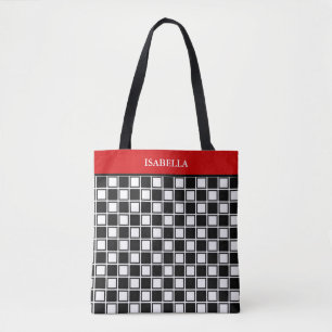 Tote Bag Motif d'échecs noir et blanc et bande rouge