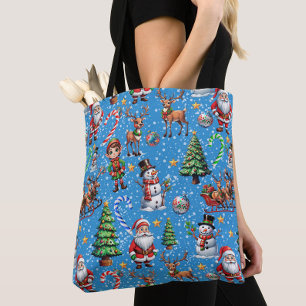 Tote Bag Motif décoratif de Noël sur fond bleu