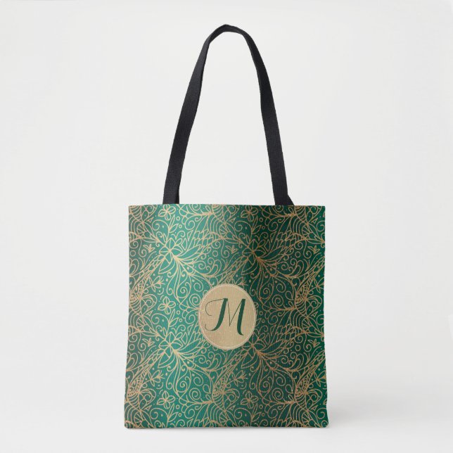 Tote Bag Motif décoratif vert et or et monogramme (Devant)