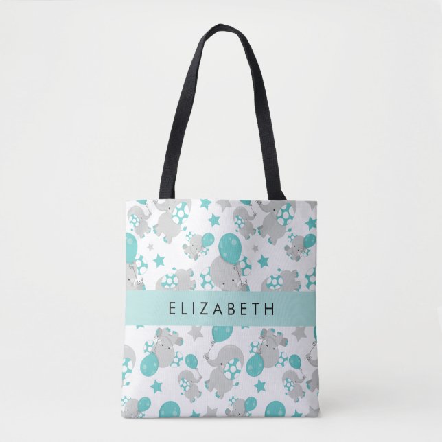 Tote Bag Motif D'Eléphants, Eléphants Mignons, Votre Nom (Devant)