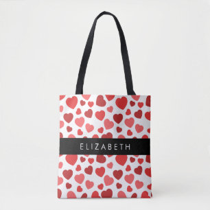 Tote Bag Motif Des Coeurs, Coeurs Rouges, Votre Nom