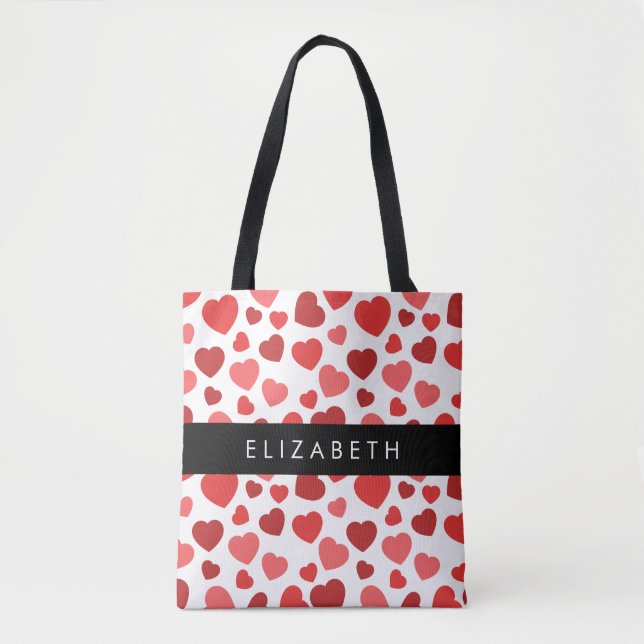 Tote Bag Motif Des Coeurs, Coeurs Rouges, Votre Nom (Devant)