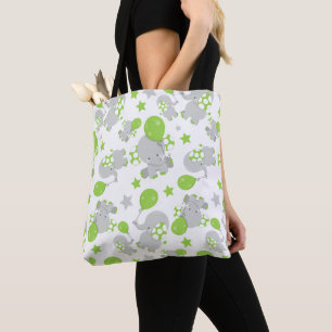 Tote Bag Motif Des Eléphants, Eléphants Mignons - Grey Vert
