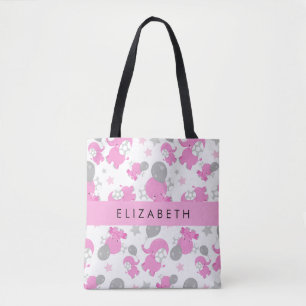 Tote Bag Motif Des Eléphants Roses, Étoiles, Votre Nom