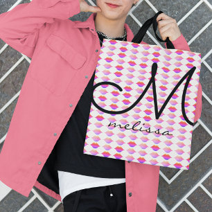 Tote Bag motif des lèvres roses avec nom