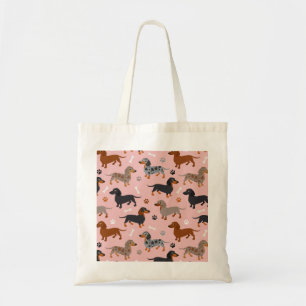Tote Bag Motif des pattes et des os de Dachshund rose
